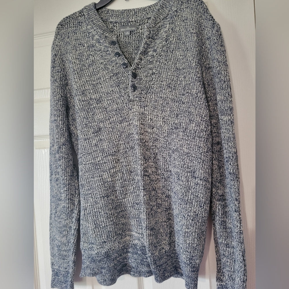 L.L. Bean Sweater Mens Gray  Cotton Archival Henley Buttons Ribbed Cuffs Hem